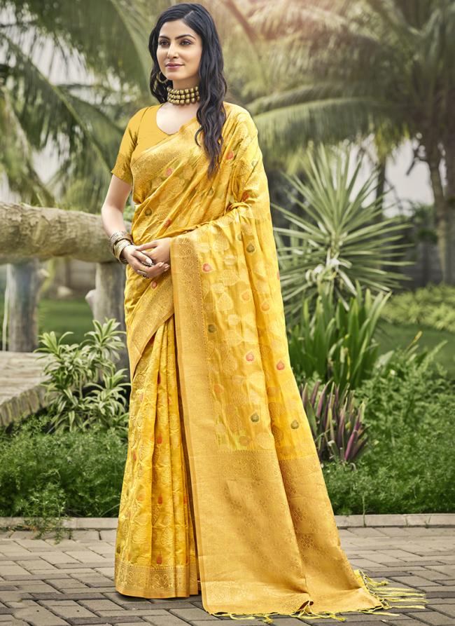 Organza Yellow Traditional Wear Printed Saree